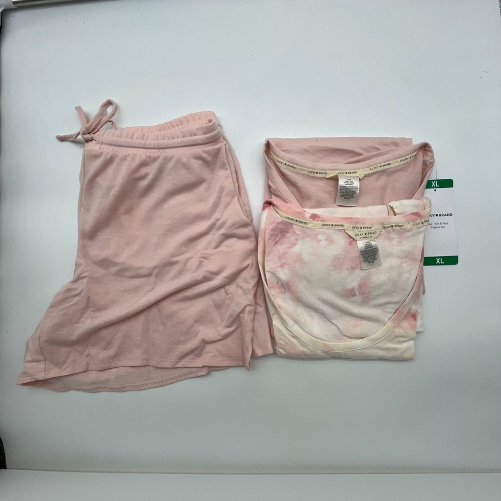 Lucky Brand Womens 3-Piece Pajama Set Pink Tie Dye Tee Tank Pants XL NWT